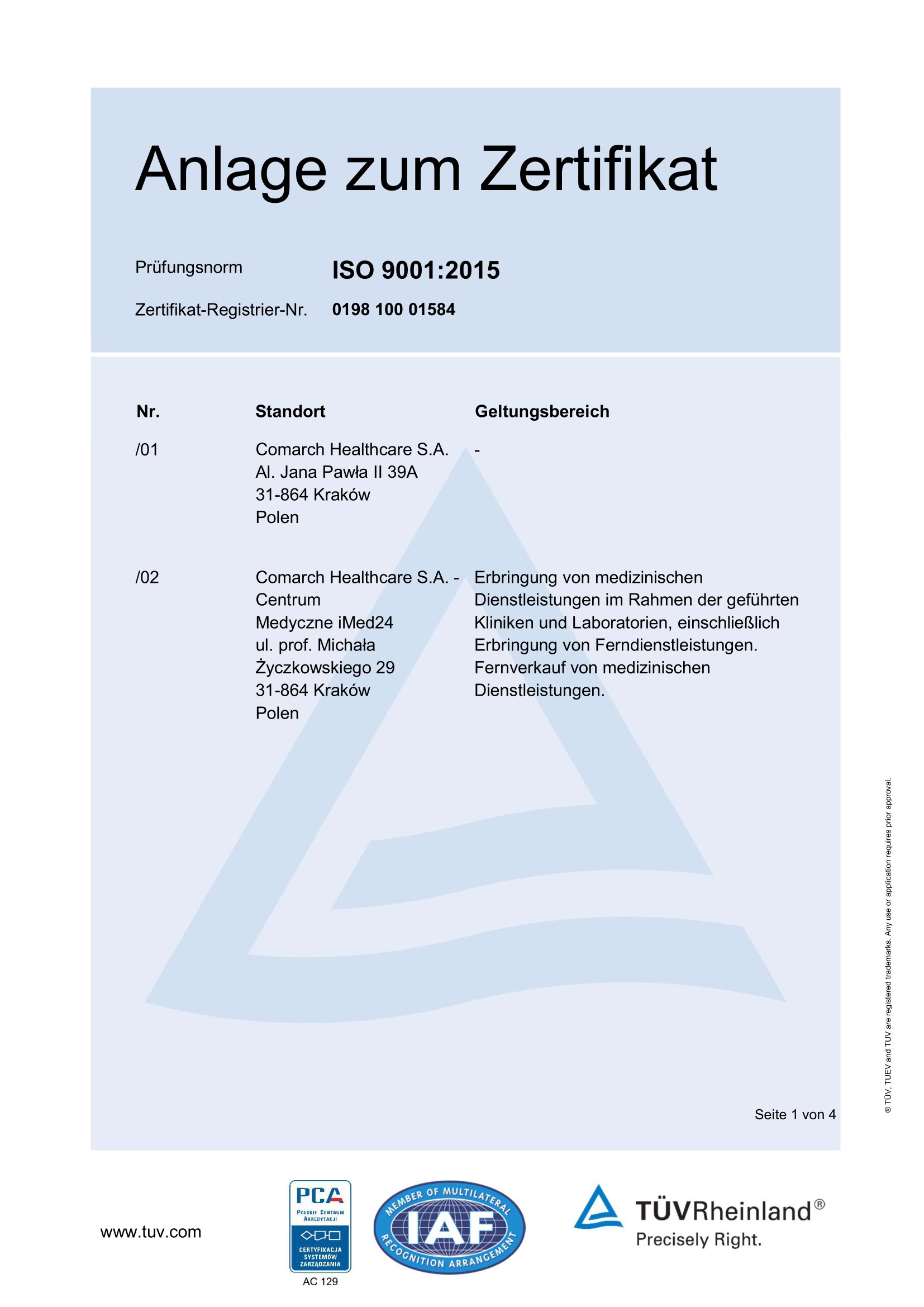 Aneks do certyfikatu ISO 9001:2015 wersja niemieckojęzyczna