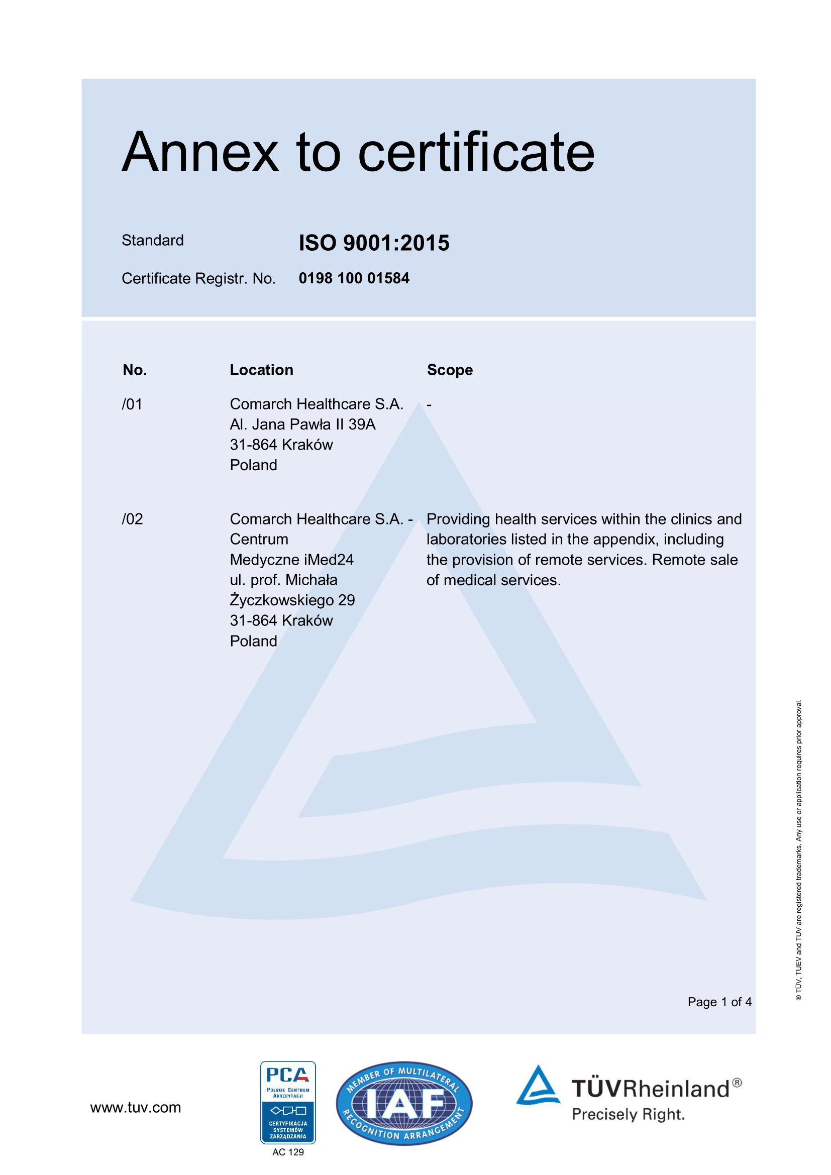Aneks do certyfikatu ISO 9001:2015 wersja anglojęzyczna