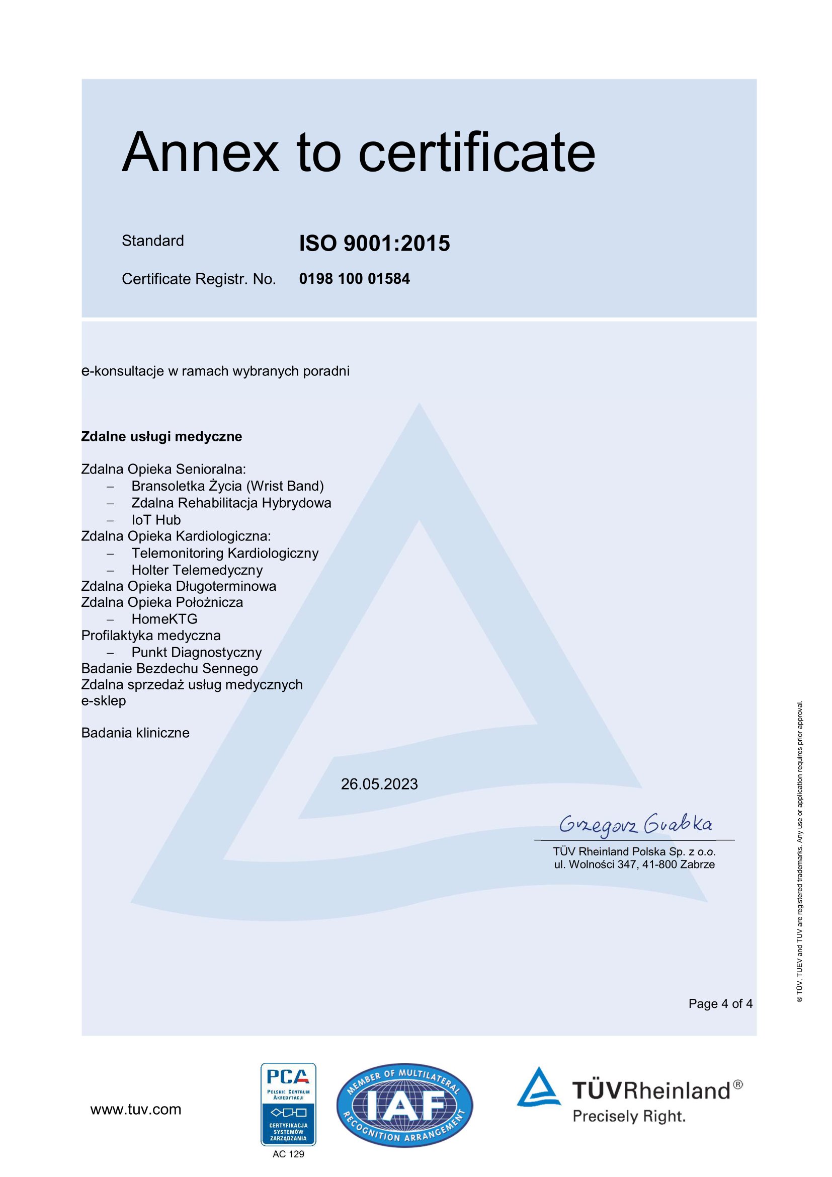 Aneks do certyfikatu ISO 9001:2015 wersja anglojęzyczna