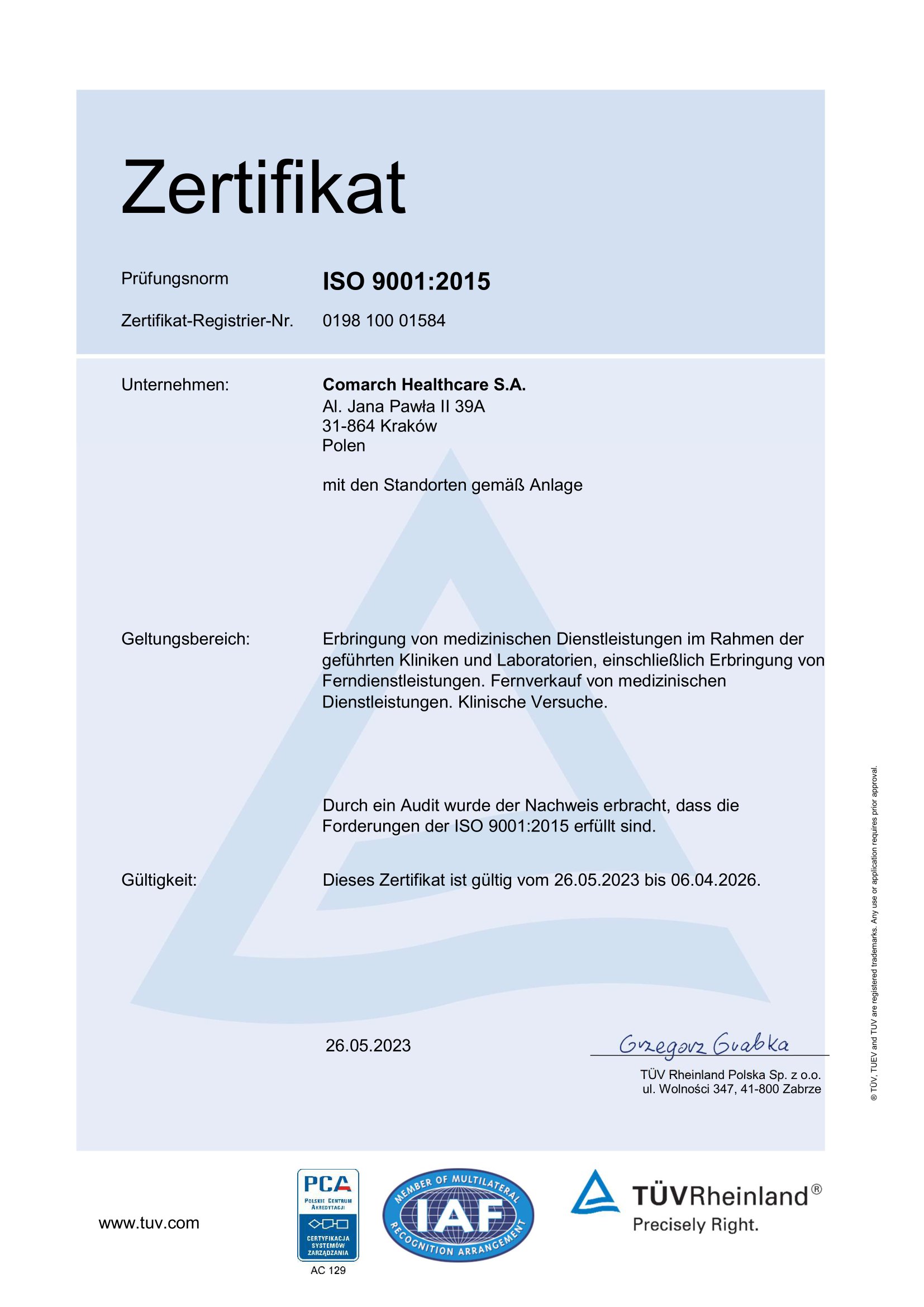 Certyfikat ISO 9001:2015 wersja niemieckojęzyczna