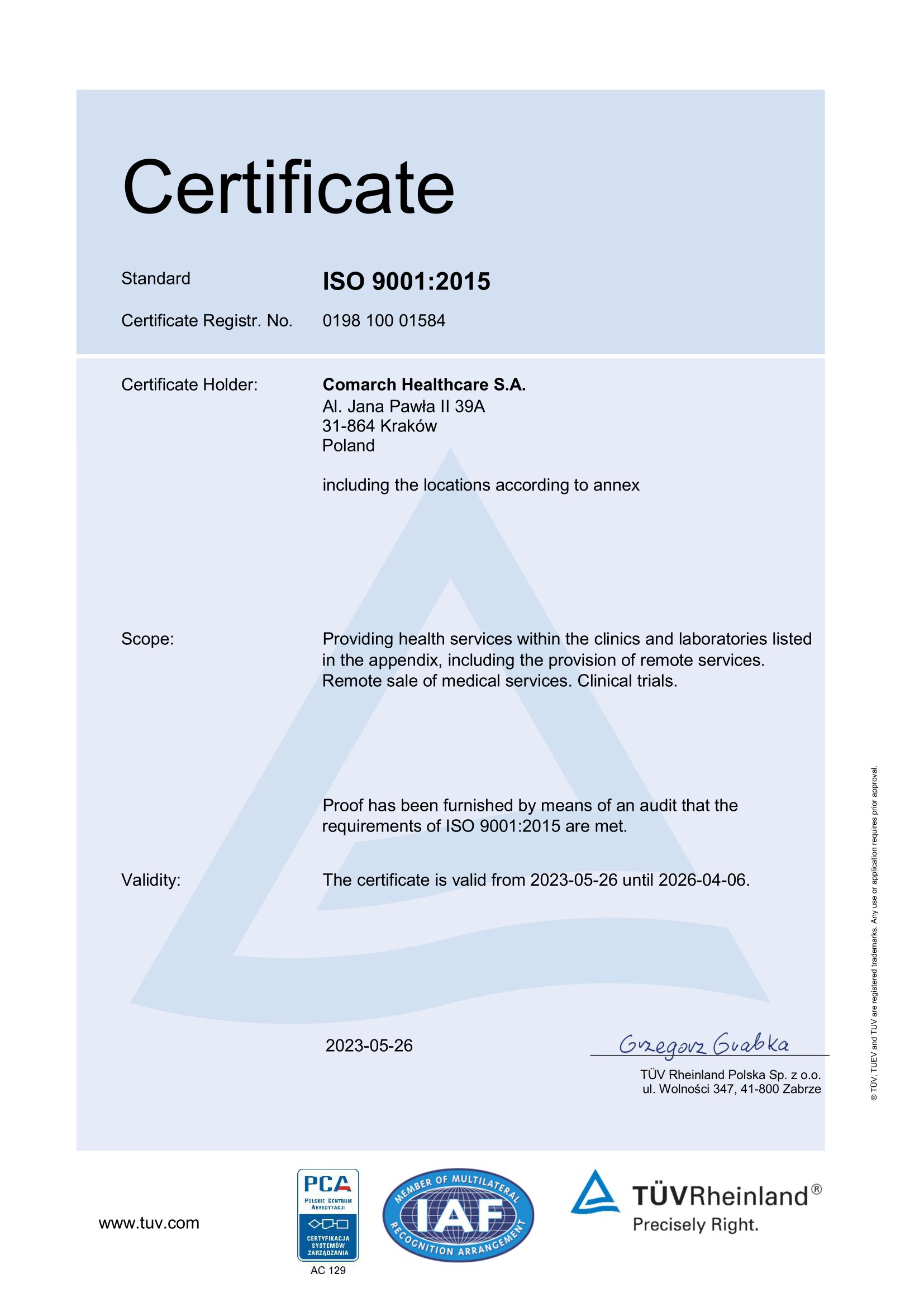 Certyfikat ISO 9001:2015 wersja anglojęzyczna